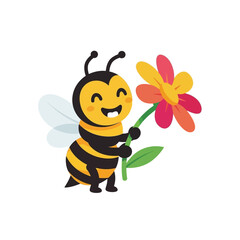 Cute smiling cartoon bee character holding a colorful flower.