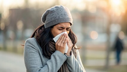Indian woman blowing nose outdoors — representing seasonal allergy, relief, and discomfort