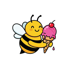 Delightful Bee Hugging a Strawberry Ice Cream Cone Illustration.