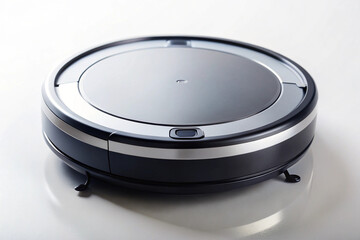 Smart Vacuum Cleaner: A sleek, futuristic vacuum cleaner glides effortlessly across a surface, showcasing innovation in home cleaning technology. Featuring a minimalist design with a metallic finish.