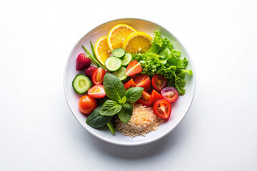 Vibrant Vegan Meal: A top-down shot of a colorful and appetizing vegan salad bowl filled with fresh, organic vegetables, creating a visually appealing and healthy dining experience.