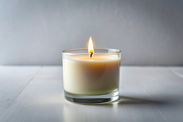 Illuminating Candle: A close-up view of a burning candle in a glass, emanating warmth and casting a soft glow that creates a relaxing atmosphere. 