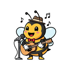 Cartoon bee playing guitar and singing with microphone on stage.