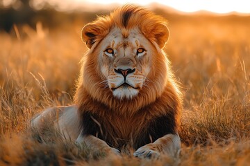 Obraz premium Majestic male lion resting in golden savanna grass at sunset high resolution photo