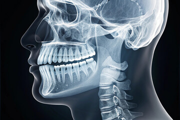X-Ray of Human Head and Teeth: A detailed medical x-ray illuminates the intricate bone structure of the human head, showcasing the teeth, skull, and jaw.
