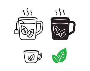Obraz premium Herbal Tea features black linear and silhouette icons. Thin line representation of a cup filled with mint beverage. Green drink outline pictogram set against a white background. Vector icon shape.