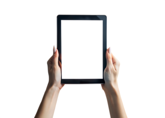 Close up of a person holding a modern digital tablet with a blank white screen in their hands isolated on transparent background