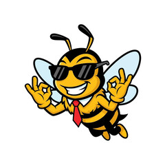 Cool Bee Mascot with Sunglasses and Okay Gestures.