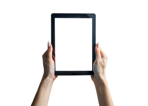 Close up of a person holding a modern digital tablet with a blank white screen in their hands isolated on transparent background