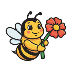 Cute cartoon bee holding a red flower with a happy expression.