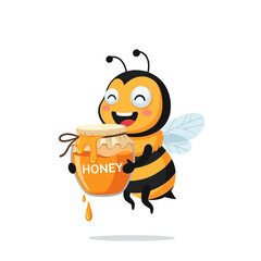 Cute cartoon bee holding a jar of honey.