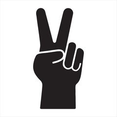 Black silhouette of a hand making the victory peace sign gesture against a white background