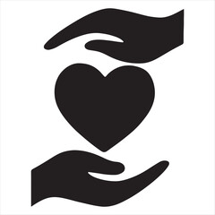 Two cupped hands gently protecting a black heart symbol representing love and care