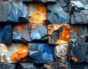 Close-up view of a wall of  square,  multi-colored stones