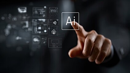 Hand Interacting with Luminous Ai Interface on Dark Background