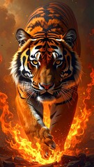 Fierce tiger walking through fire