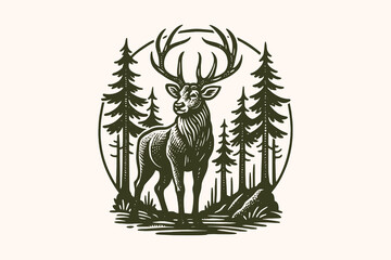 Stag in forest engraving style silhouette vector illustration