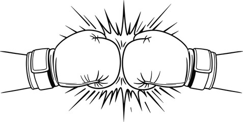 Boxing gloves collision, cartoon impact burst, sports conflict illustration, competition symbol vector, dramatic punch moment, athletic confrontation design