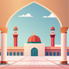 Mosque architecture with arched doorway and minarets