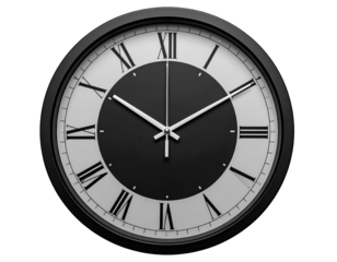 Firefly_Minimalist black round clock with white hands isolated on transparent background