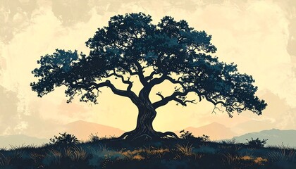 Obraz premium Silhouetted oak tree on a hilltop, golden hour