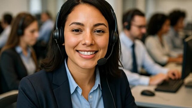 Smiling Customer Service Representative in Headset, Providing Professional Support in a Dynamic Call Center Office Environment - Powered by Adobe