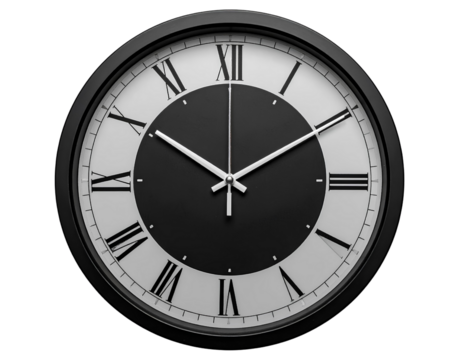 Firefly_Minimalist black round clock with white hands isolated on transparent background