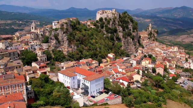 Most scenic traditional villages of Molise region of Italy - authentic borgo Bagnoli del Trigno over rocks. Italian tourism. aerial drone 4k hd footage