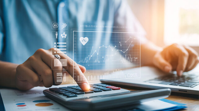 Business professional analyzing data using calculator and laptop for financial growth