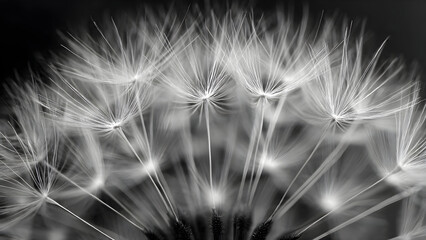 Naklejka premium Black and white Dandelion in the sun. Black and white abstract dandelion flower background, extreme closeup with soft focus.
