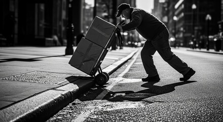 Fototapeta premium Delivery worker pushing a cart with packages on a city street