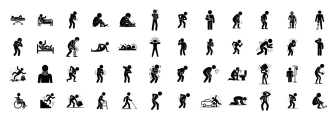 pain and injury icon set with stick figures carrying heavy loads, suffering from backache and using wheelchairs, vector illustrations for physical discomfort and hardship