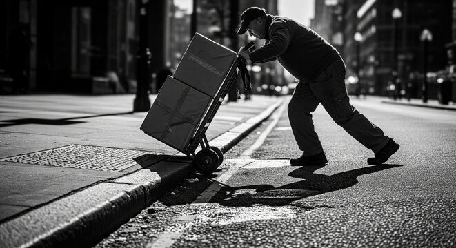 Delivery worker pushing a cart with packages on a city street