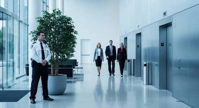 Security guard and business people in a modern office building - Powered by Adobe
