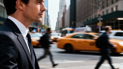 Businessman in a suit looking out on a city street