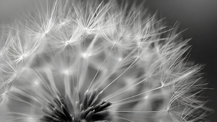 Black and white Dandelion in the sun. Black and white abstract dandelion flower background, extreme closeup with soft focus.