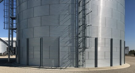 Medium shot of a large metal silo gleaming under sunlight showcasing industrial grain storage with secure durable construction and easy access ladders.