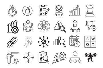 Collection of business and strategy icons for planning and analysis