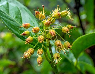 Close-up of cluster of small, yellow-brown blossoms