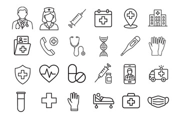 Collection of medical and healthcare icons in a clean line art style