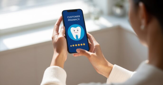 Digital Dental Care: A person holds a mobile device displaying a dental insurance interface, with tooth icon on a bright screen, offering insights into modern dental healthcare.