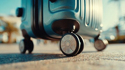 Medium shot of spinner luggage showing smooth 360degree rotating wheels with slightly blurred background highlighting mobility features.