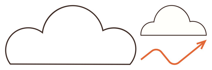 Cloud shapes paired with a rising orange arrow. Ideal for data analytics, technology progress, IT growth, online services, data storage, cloud computing, business innovation. Simple flat metaphor