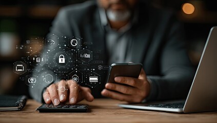 Man in Gray Suit Using Calculator and Smartphone at Wooden Desk with Network Icon Overlay and Laptop