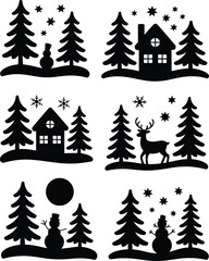 Obraz premium Winter scene silhouettes with trees snowmen deer and houses