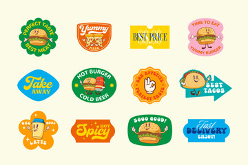 Groovy Burger Retro Character Stickers Set. Cartoon Hamburger, Taco, Coffee, Pizza and Beer. Vector Street Food Mascot Templates Patches Collection. Vintage Fast Food Illustrations Isolated