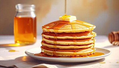 Golden Pancake Stack with Dripping Syrup and Butter Square Under Warm Light Food Photography