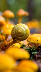 Snail Shell Resting on a Mushroom Amongst Other Fungi
