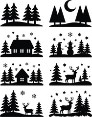 Winter forest scenes with deer and snowmen trees snowflakes
