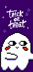 Cute pixel art "Trick or Treat" with friendly ghost on purple background. Retro 8bit Halloween vector for stickers, posters, and party invitations